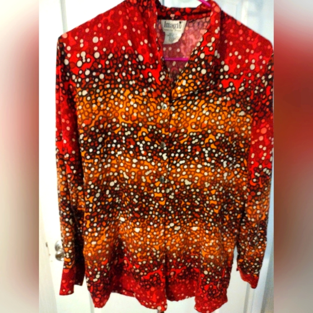 Imagio women's button down, long sleeve blouse, size M. Red, orange, and white